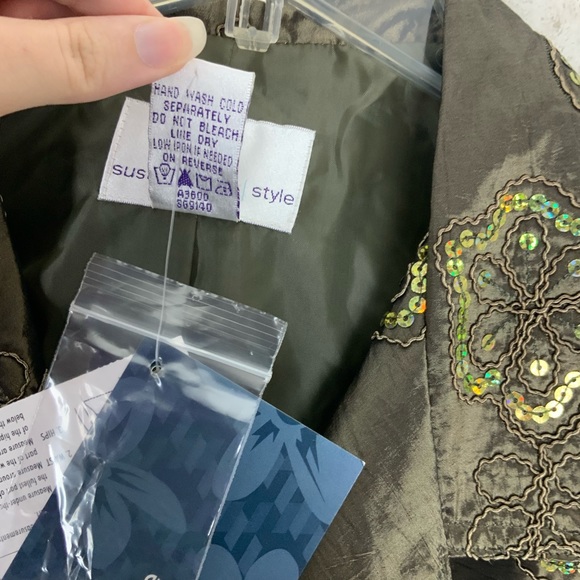 Susan Graver Sequin Taffeta Jacket Sage Green Floral Embroidery Holiday - Picture 7 of 11
